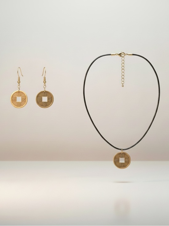 flying circus studio Jewelry - Handmade Chinese brass coin earring necklace black‎ leather cord jewelry set